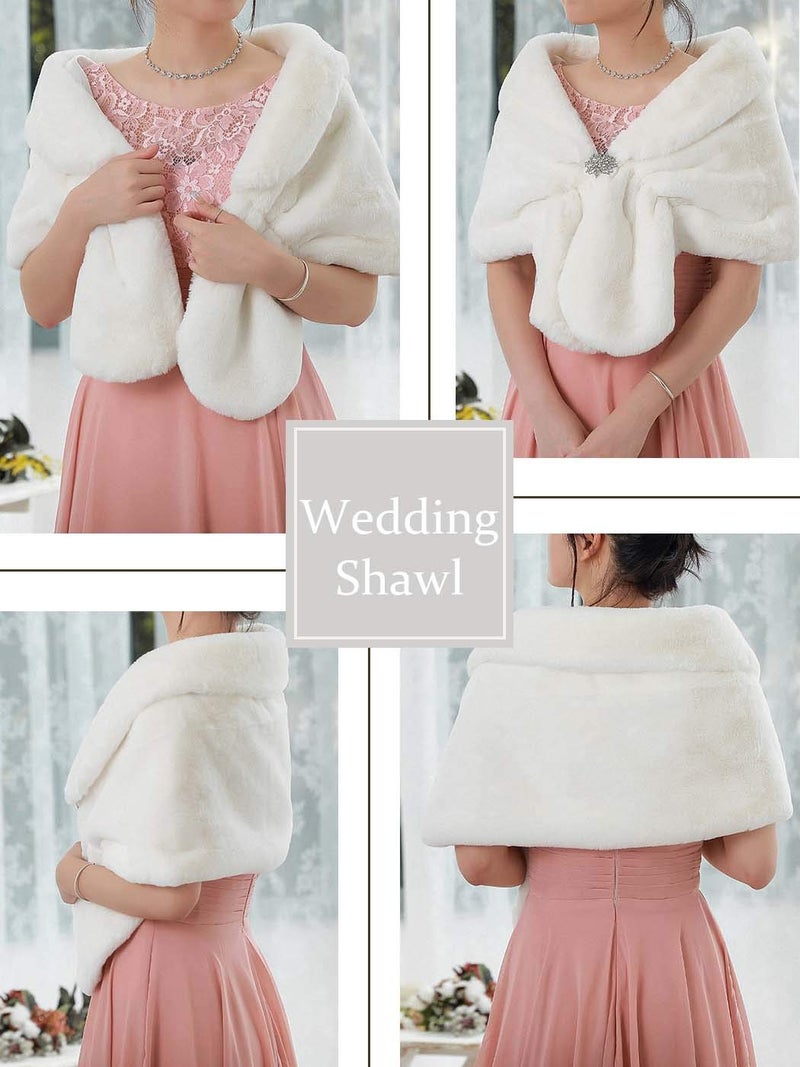 EARENT Women's Faux Fur Shawls and Wraps Bride Wedding Sleeveless 1920s Fur Scarfs Bridal Fur Stoles with Brooch Winter Fur Caplet for Brides and Bridesmaids (White) - Image 4